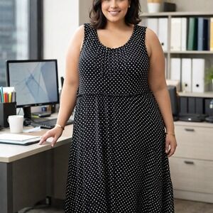 Le Bos Women Black White Polka Dot Sleeveless‎ Midi Dress Plus Size 24W Scoop